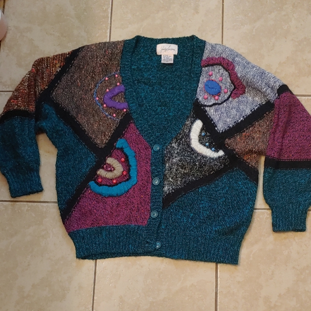 VTG Jaclyn Smith Abstract Chunky Knit Cardigan Patchwork Sweater Women's Size L